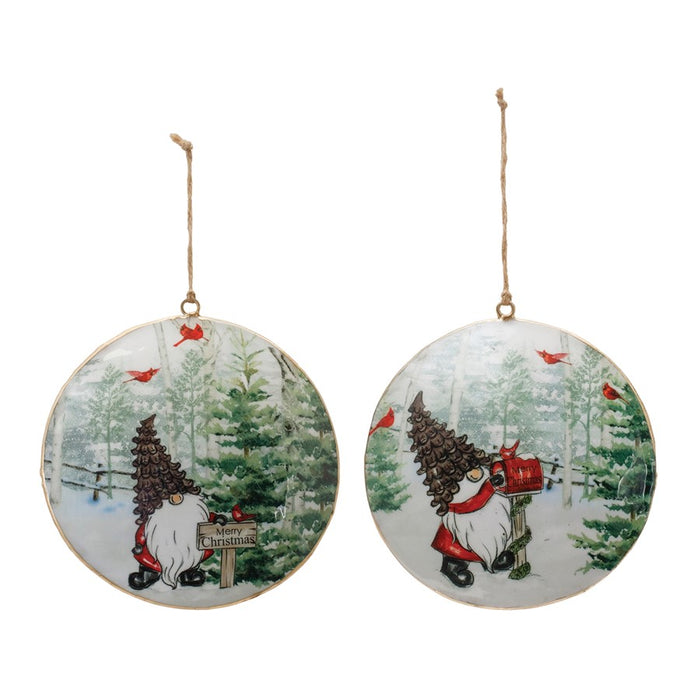 Melrose Metal Gnome Cardinal Forest Disc Ornament, Set of 6, Red/Green