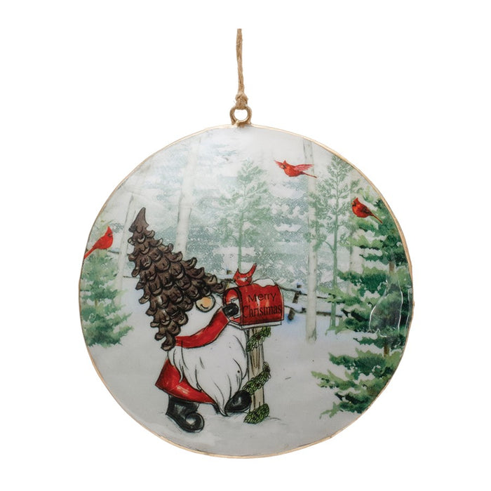 Melrose Metal Gnome Cardinal Forest Disc Ornament, Set of 6, Red/Green