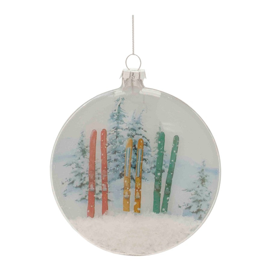 Melrose Glass Ski/Snow Disc Ornament, Set of 6, White/Blue - 90491DS