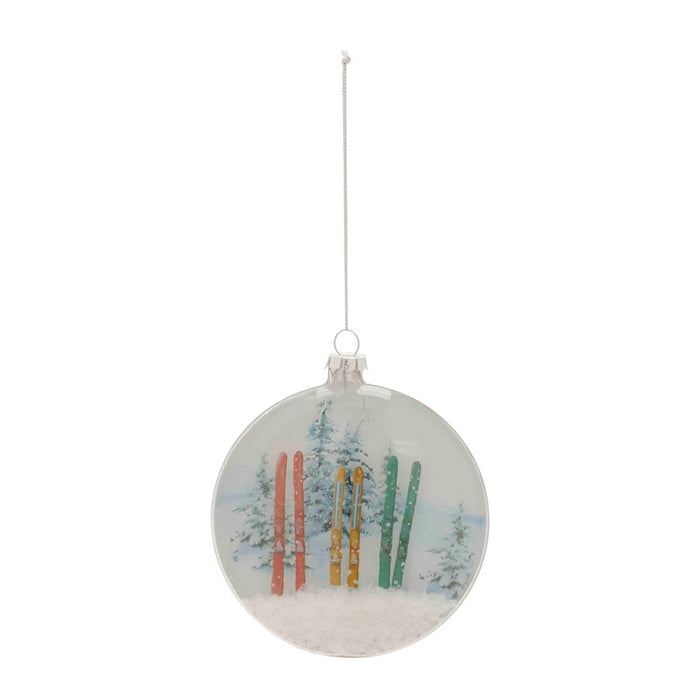 Melrose Glass Ski/Snow Disc Ornament, Set of 6, White/Blue