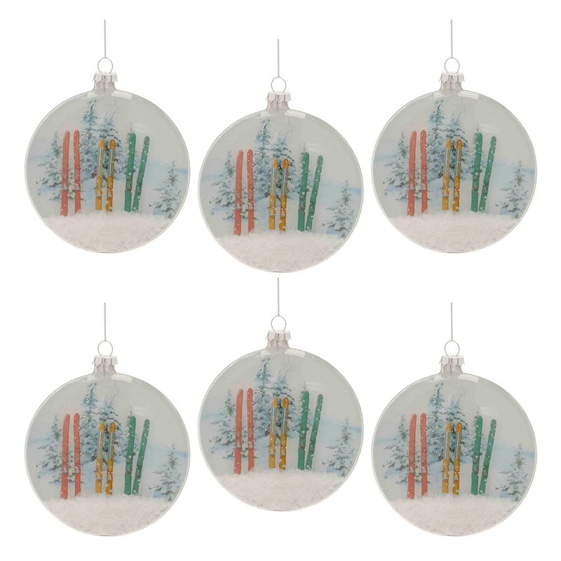 Melrose Glass Ski/Snow Disc Ornament, Set of 6, White/Blue