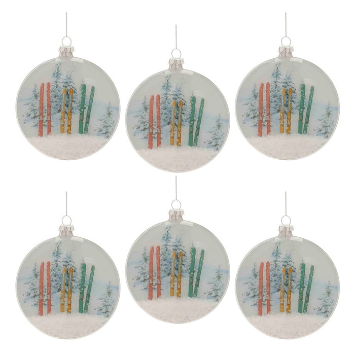 Melrose Glass Ski/Snow Disc Ornament, Set of 6, White/Blue