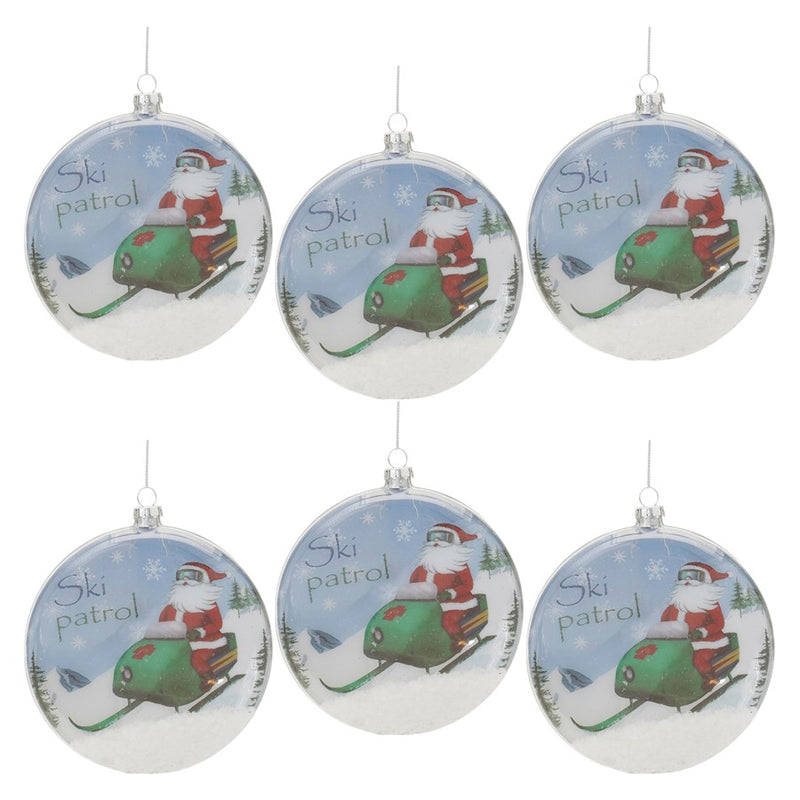 Melrose Glass Santa Ski Patrol Disc Ornament, Set of 6, Blue/White