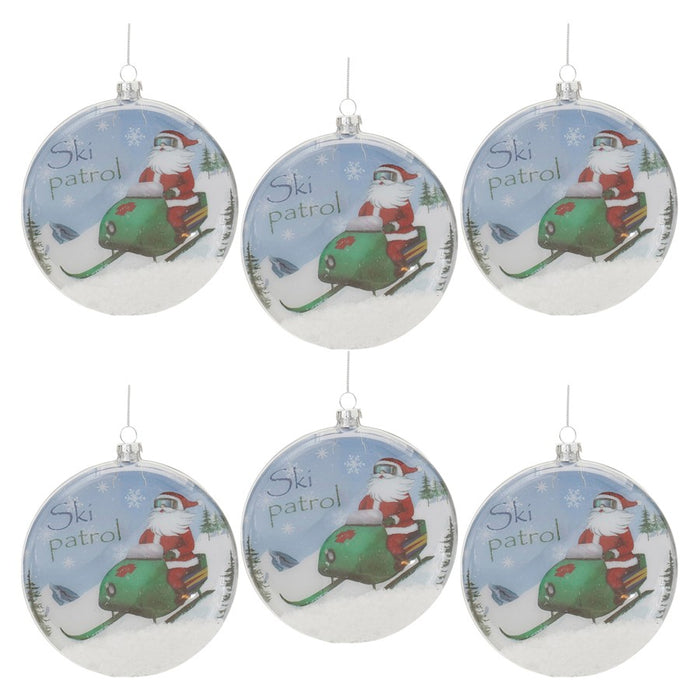 Melrose Glass Santa Ski Patrol Disc Ornament, Set of 6, Blue/White