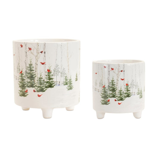 Melrose Winter Cardinal Forest Planter, Set of 2, White/Green/Red - 90499DS