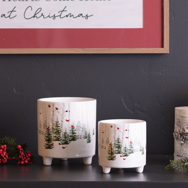 Melrose Winter Cardinal Forest Planter, Set of 2, White/Green/Red