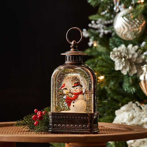 Melrose LED Snow Globe/Snowman/Cardinals 9.75"H, Bronze/Red/White