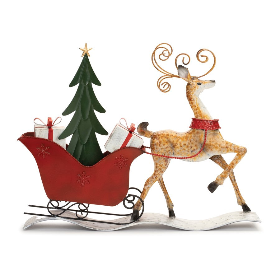 Melrose Metal Holiday Reindeer/Sleigh 26.25"L, Red/Green/Gold - 90519DS