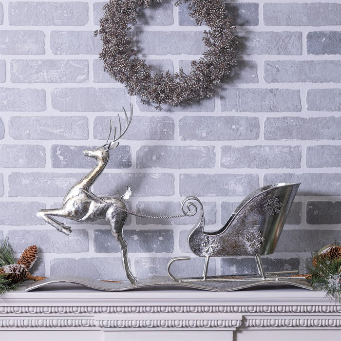 Melrose International Hammered Metal Reindeer/Sleigh 25.5"L, Silver