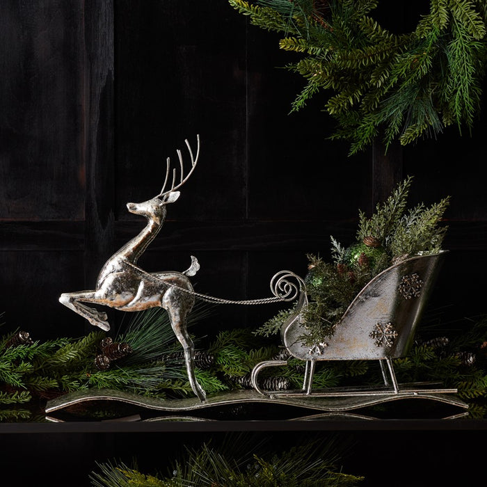 Melrose International Hammered Metal Reindeer/Sleigh 25.5"L, Silver