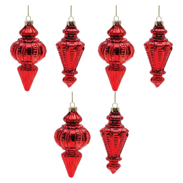 Melrose International Red Ribbed Glass Finial Ornament, Set of 6