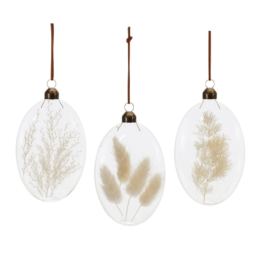 Melrose Natural Dried Floral Glass Ornament, Set of 12, White/Beige - 90547DS