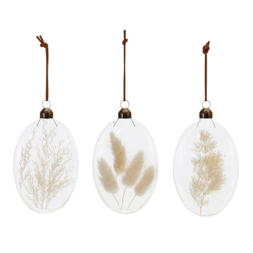 Melrose Natural Dried Floral Glass Ornament, Set of 12, White/Beige