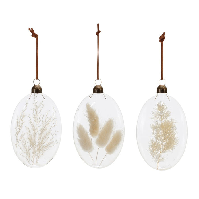 Melrose Natural Dried Floral Glass Ornament, Set of 12, White/Beige