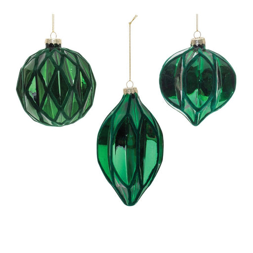 Melrose International Green Textured Harlequ, Glass Ornament, Set of 6 - 90554DS