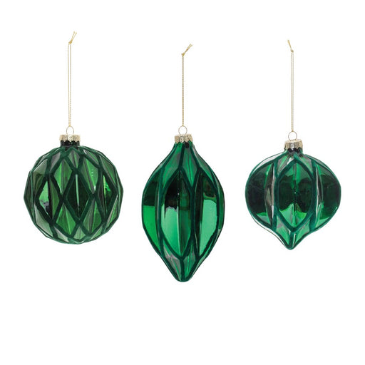 Melrose International Green Textured Harlequ, Glass Ornament, Set of 6