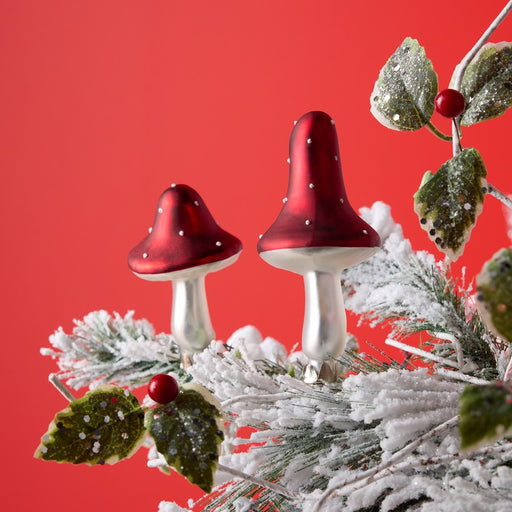 Melrose Frost Glass Mushroom Clip Ornament, Set of 12, Red/Silver