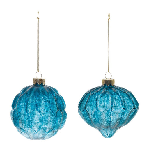 Melrose Int. Crackled Harlequ, Glass Ornament, Set of 12, Blue