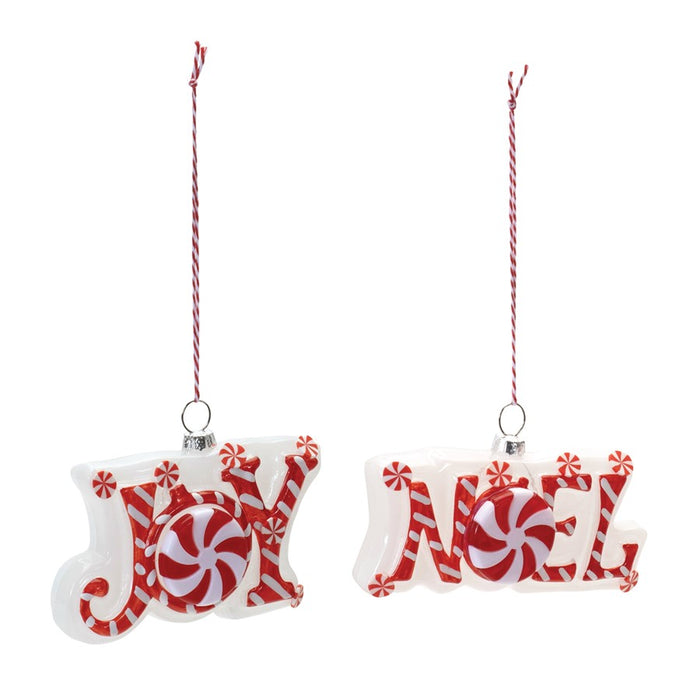 Melrose Glass Peppermint Joy/Noel Ornament, Set of 6, Red/White