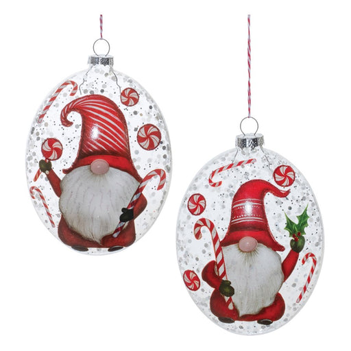 Melrose Glass Peppermint Gnome Disc Ornament, Set of 12, Red/White - 90567DS