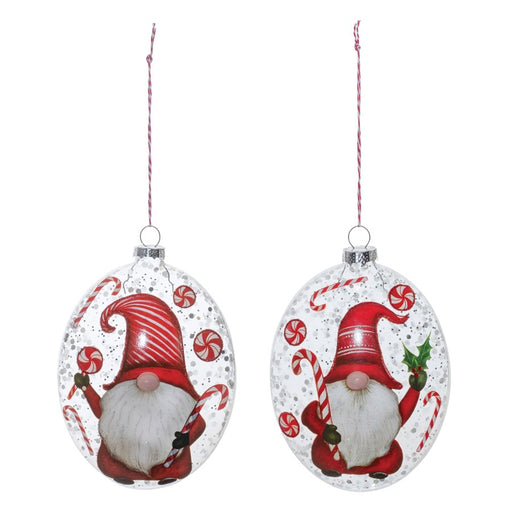 Melrose Glass Peppermint Gnome Disc Ornament, Set of 12, Red/White