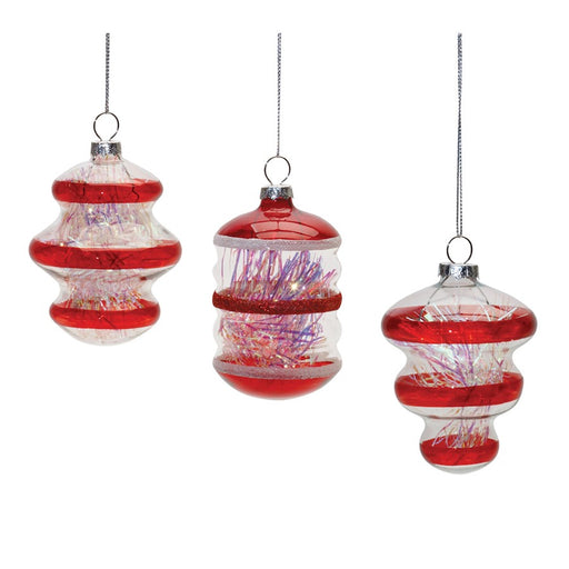 Melrose Finial Glass Ornament/Tinsel Filling, Set of 12, Red - 90569DS