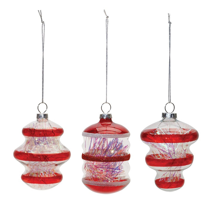 Melrose Finial Glass Ornament/Tinsel Filling, Set of 12, Red
