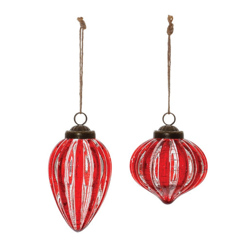 Melrose International Red Ribbed Crackle Glass Ornament, Set of 6