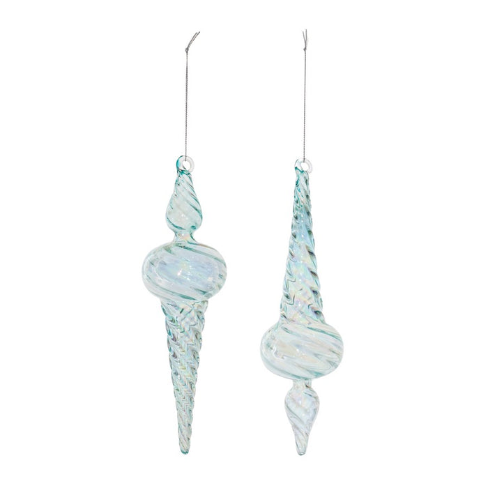 Melrose Iridescent Swirl Glass Finial Ornament, Set of 12, Blue