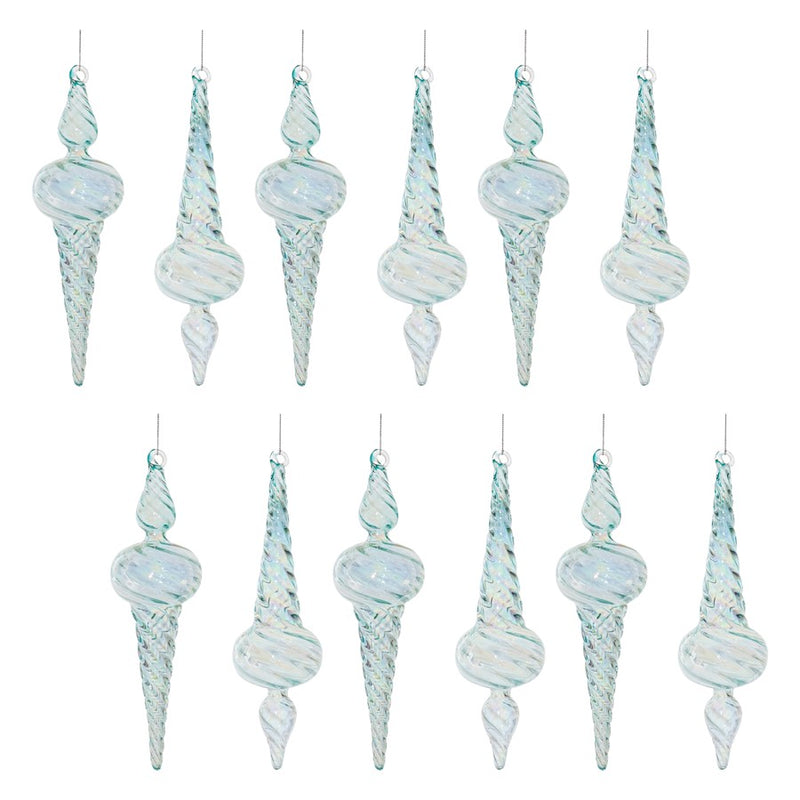 Melrose Iridescent Swirl Glass Finial Ornament, Set of 12, Blue