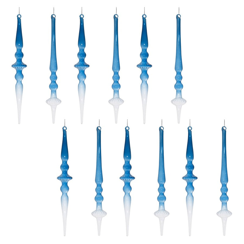 Melrose International Blue Ombre Glass Finial Drop Ornament, Set of 12
