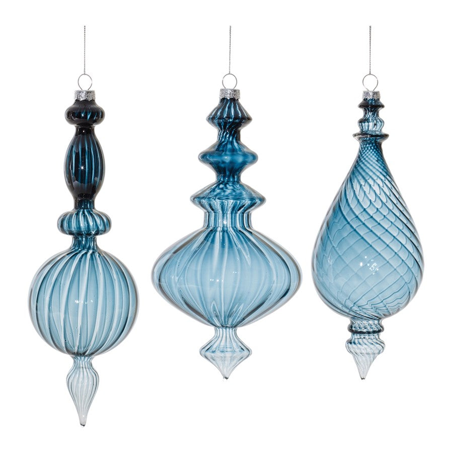 Melrose International Blue Ribbed Glass Finial Ornament, Set of 6 - 90583DS