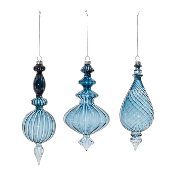 Melrose International Blue Ribbed Glass Finial Ornament, Set of 6