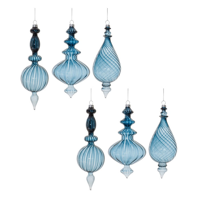 Melrose International Blue Ribbed Glass Finial Ornament, Set of 6