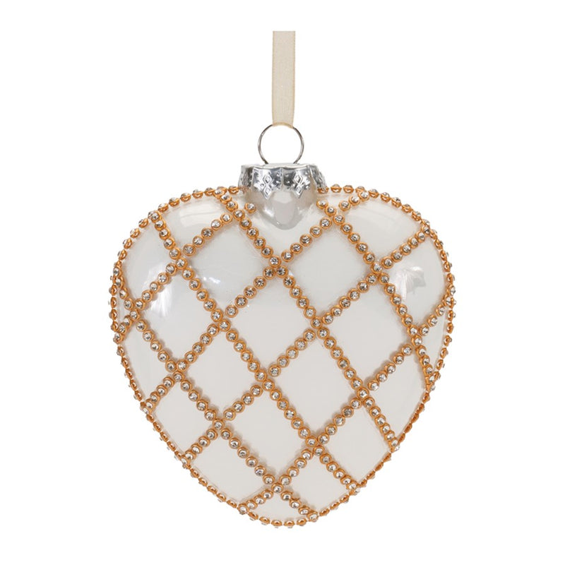 Melrose Jeweled Glass Heart Ornament, Set of 12, White/Gold - 90588DS