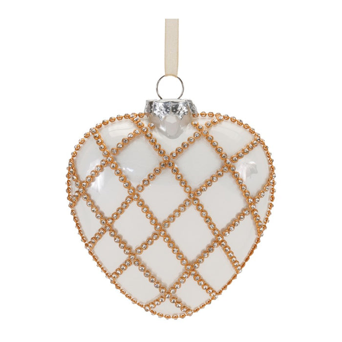Melrose Jeweled Glass Heart Ornament, Set of 12, White/Gold - 90588DS
