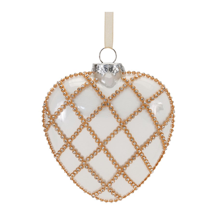Melrose Jeweled Glass Heart Ornament, Set of 12, White/Gold - 90588DS