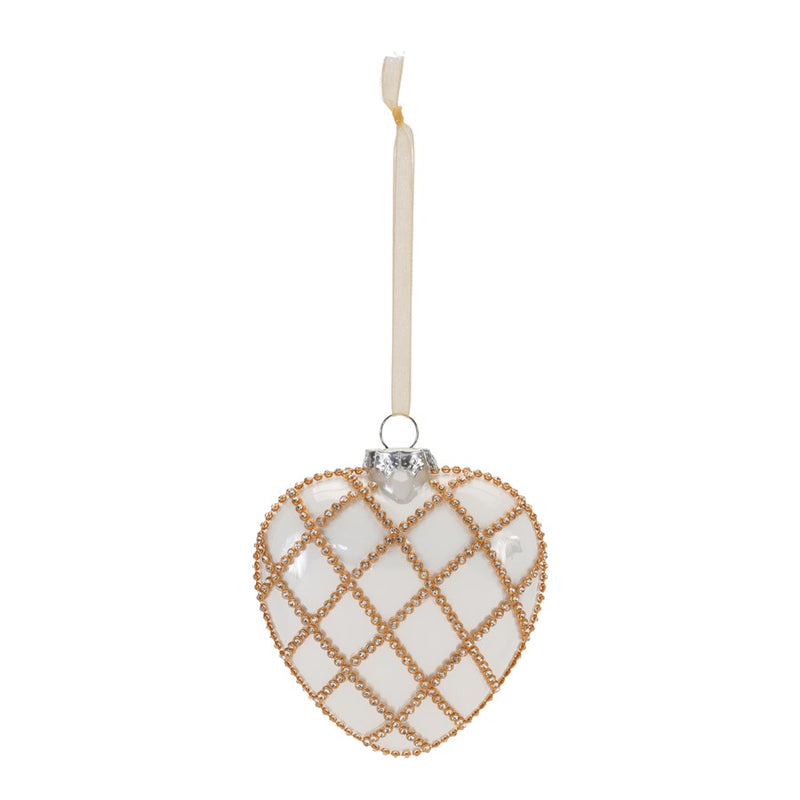 Melrose Jeweled Glass Heart Ornament, Set of 12, White/Gold