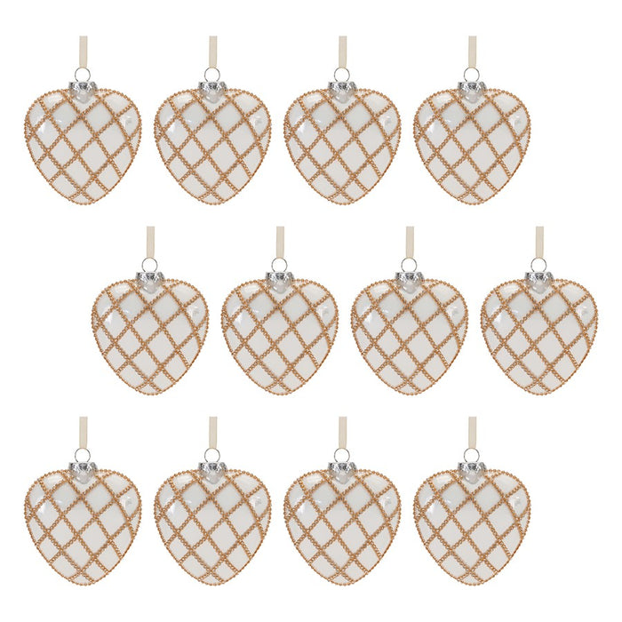 Melrose Jeweled Glass Heart Ornament, Set of 12, White/Gold
