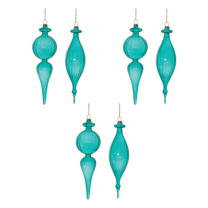 Melrose International Blue Ribbed Glass Finial Drop Ornament, Set of 6