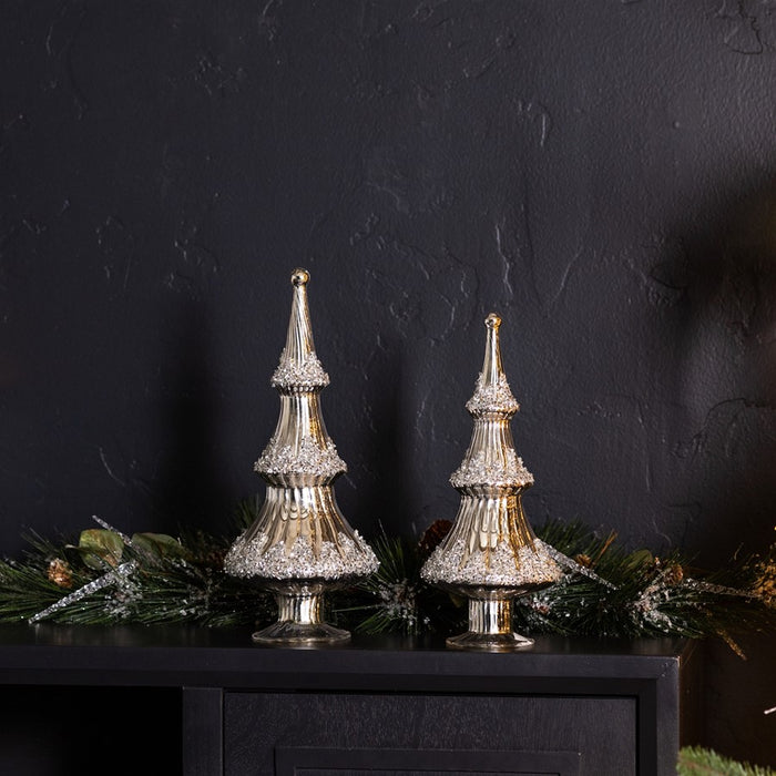 Melrose International Silver Beaded Glass Holiday Tree, Set of 2