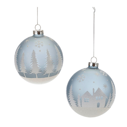 Melrose Frosted Forest/Village Ball Ornament, Set of 6, Blue/White - 90600DS
