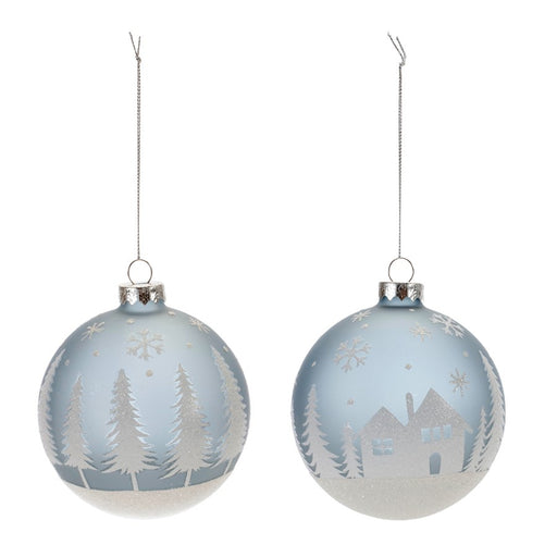 Melrose Frosted Forest/Village Ball Ornament, Set of 6, Blue/White