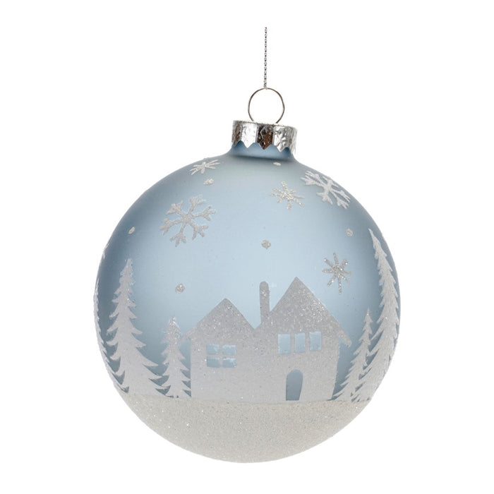 Melrose Frosted Forest/Village Ball Ornament, Set of 6, Blue/White