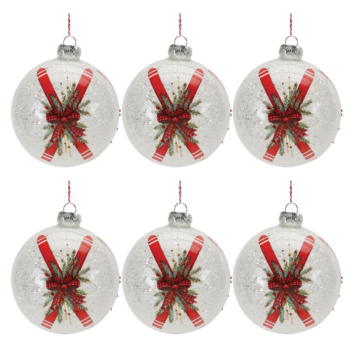 Melrose Frosted Glass Ski Ball Ornament, Set of 6, Red/White