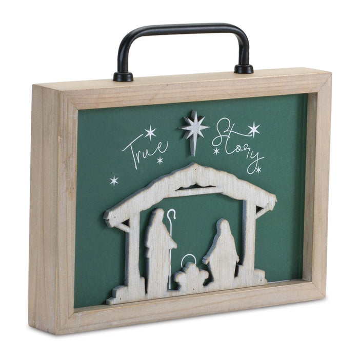 Melrose Wood "True Story" Nativity Plaque/Handle 9.5"L, Green/White/Be