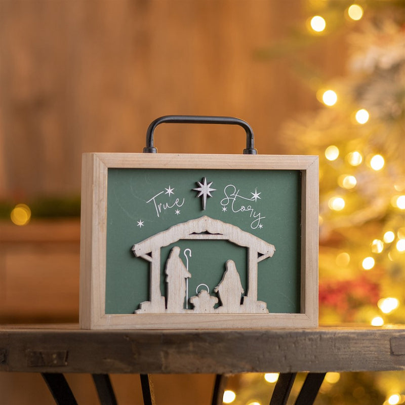 Melrose Wood "True Story" Nativity Plaque/Handle 9.5"L, Green/White/Be
