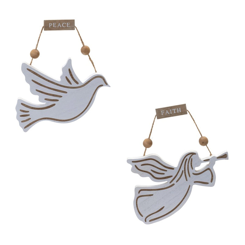 Melrose Wood Dove/Angel Sentiment Ornament, Set of 6, White/Brown - 90660DS