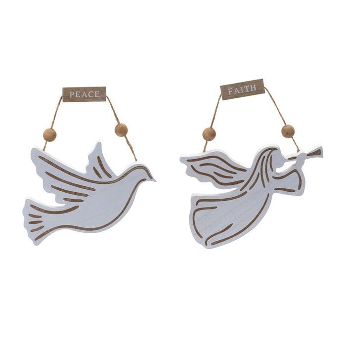 Melrose Wood Dove/Angel Sentiment Ornament, Set of 6, White/Brown