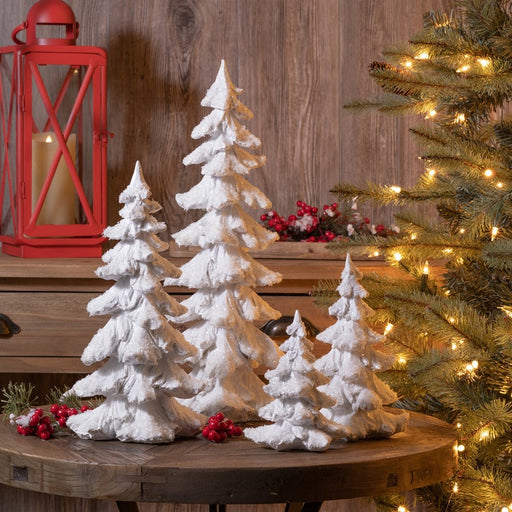 Melrose Flocked White Pine Tree/Carved Design, Set of 4, White